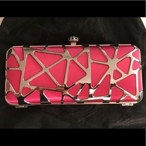 Fuchsia satin & silver metal small evening clutch